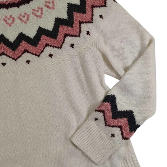 LOFT Women's Fairisle Heart Pullover Knit Crewneck Sweater Cream/Pink Size M - Picture 3 of 8